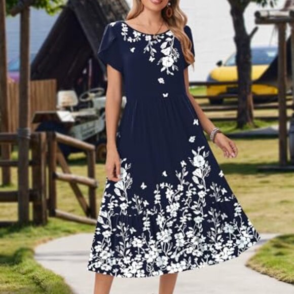 Summer Midi Dress Tiered Flowy A-Line Casual Elegant Beach Vacation Wear - Picture 3 of 8